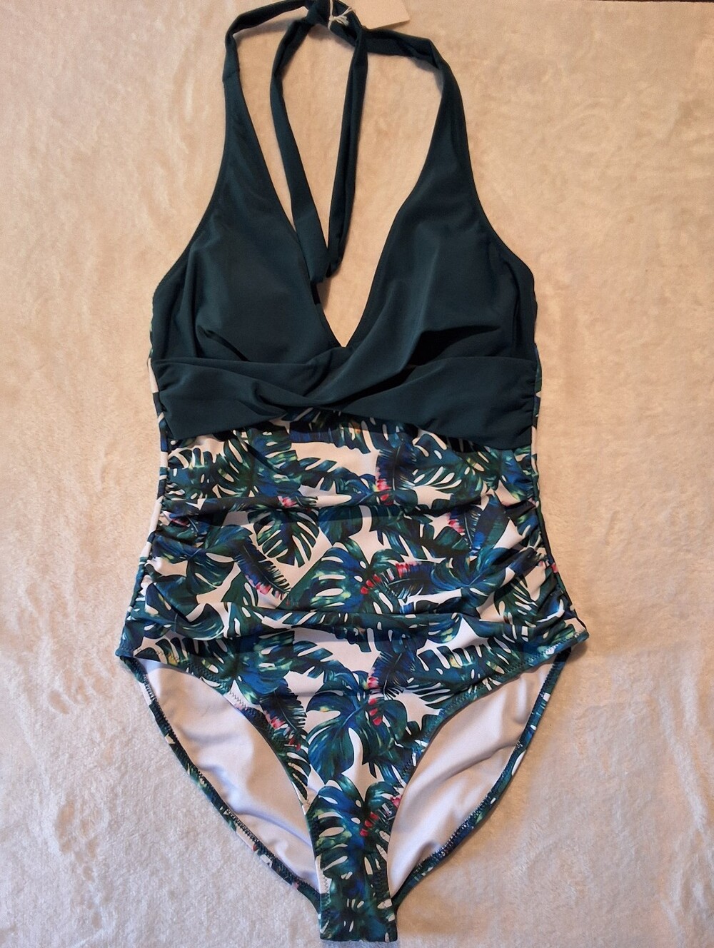 Tropical Leaf Halter One-Piece Swimsuit in Dark Green
